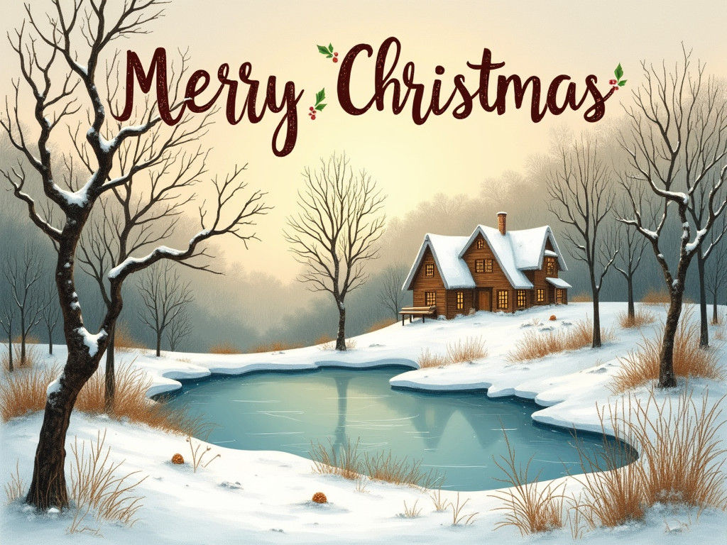 Whimsical Winter Wonderland Scene in Folk-Art Style with Mer...