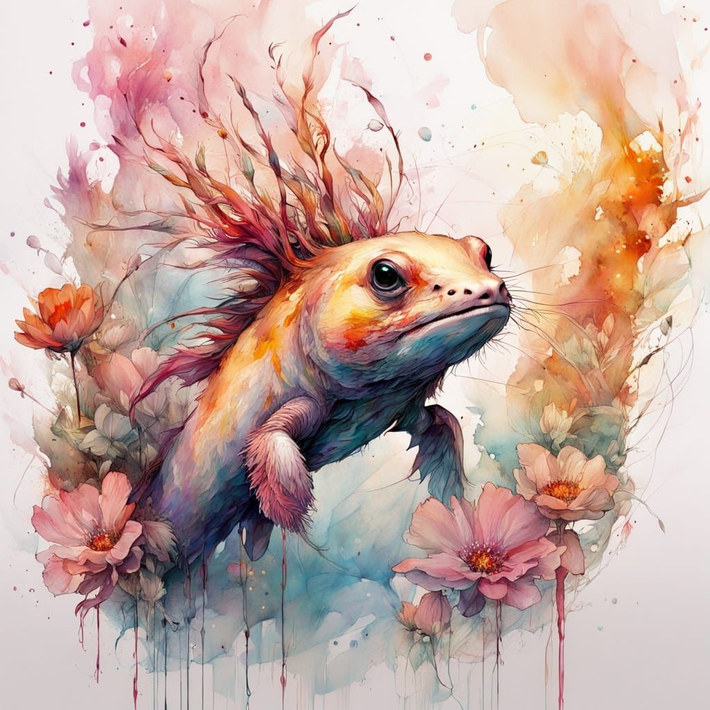 Axolotl in a Whimsical Floral Wonderland