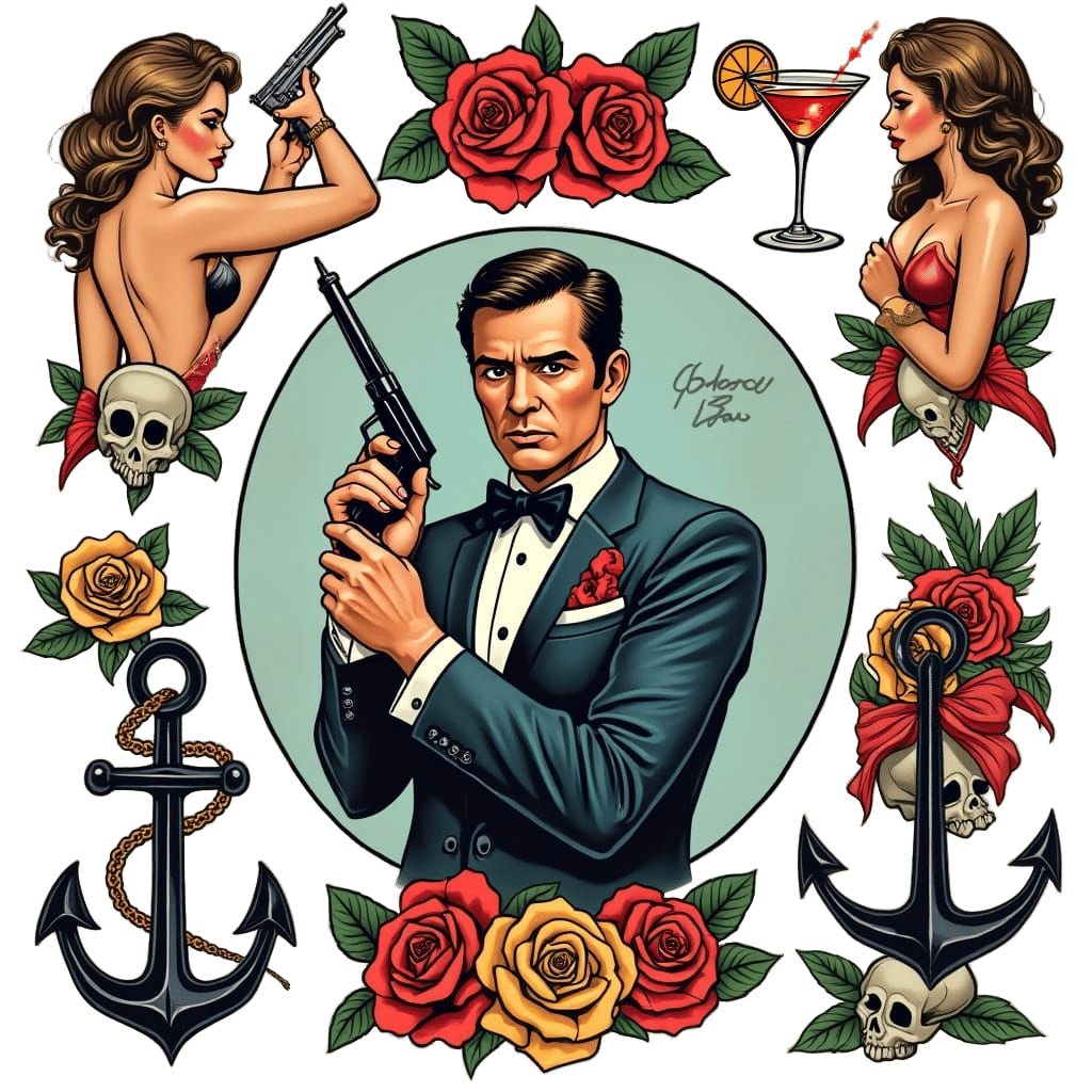 Vintage Bond Tattoo Flash Sheet in Classic American Style