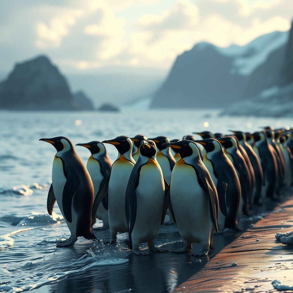 Penguins in a Fantastical Seashore Queue, Ready to Run and S...
