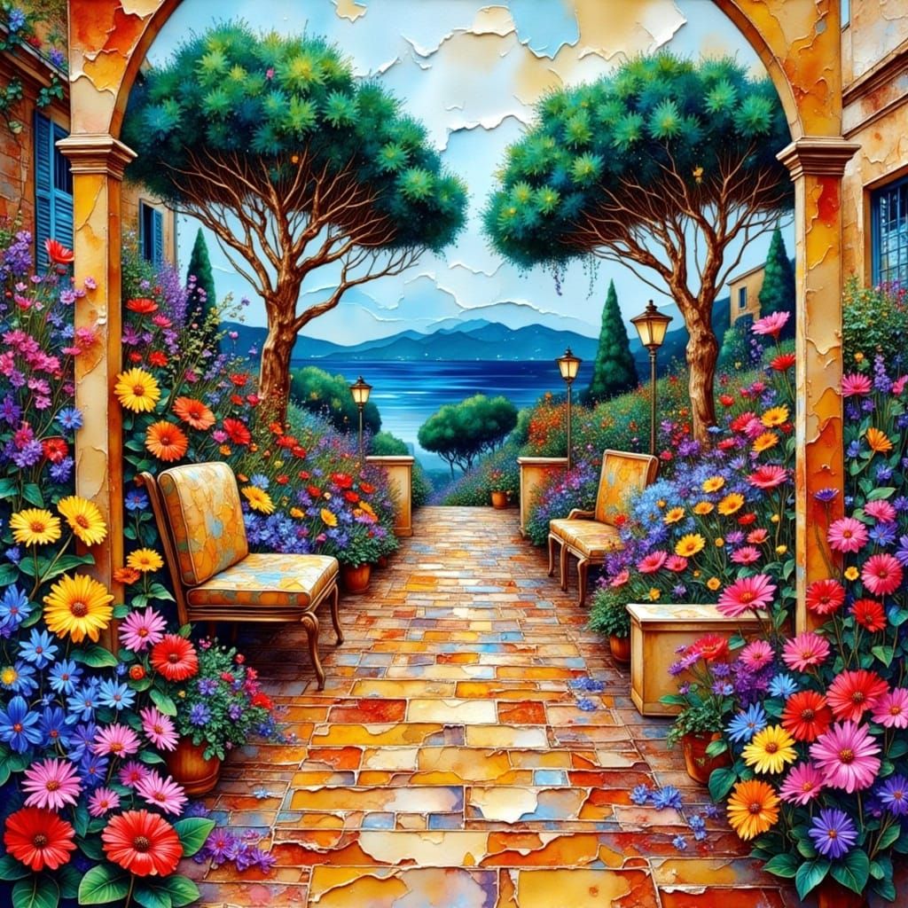 Whimsical Italian Garden Scene in Textured, Mixed Media Art ...