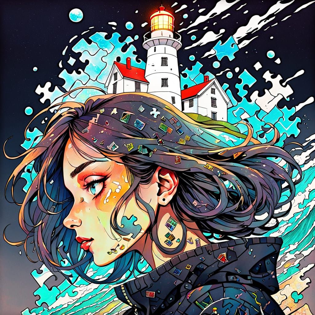 Surreal Portrait of a Girl Amidst a Whimsical Lighthouse Sce...