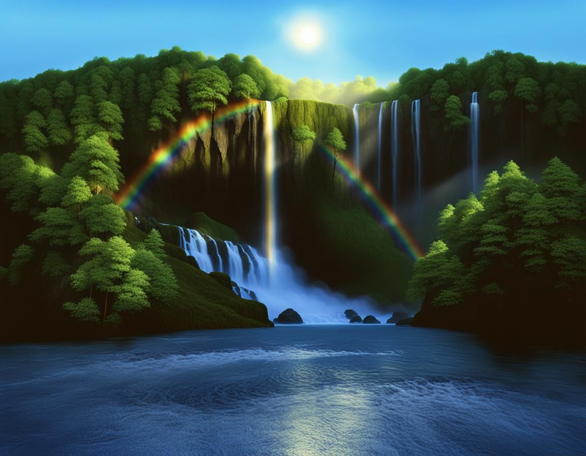 Serene Waterfall in Fantasy Forest Landscape