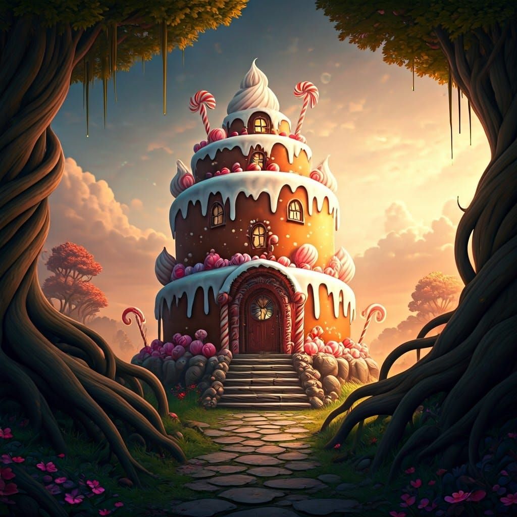 Whimsical Cake House in Dreamlike Fantasy Landscape