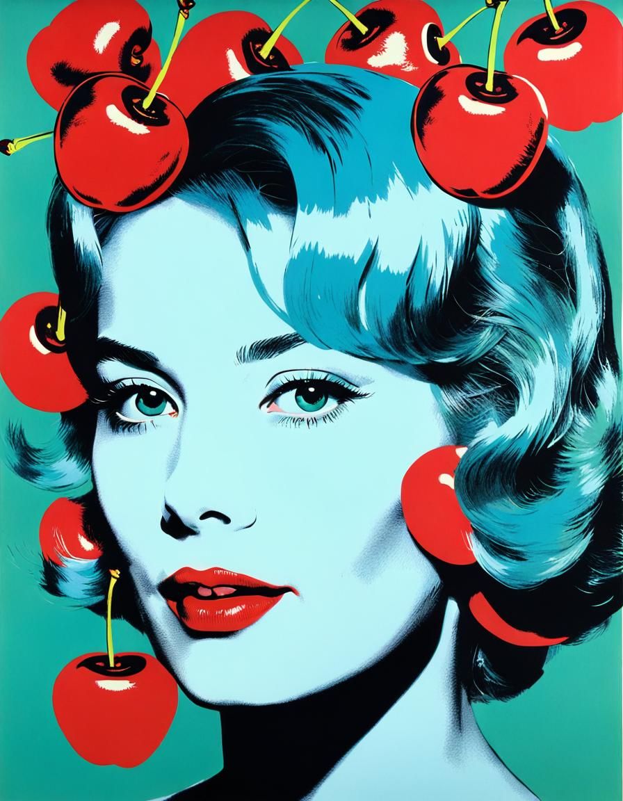 Cherries Adorn Woman in Pop Art Style