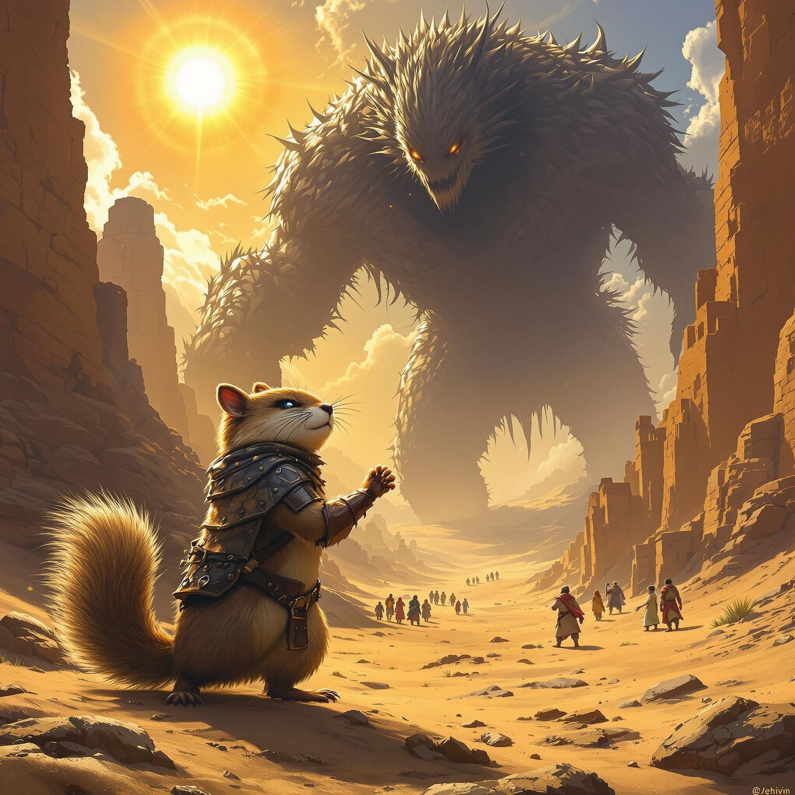 Heroic Squirrel Confronts Shadowy Creature in Desert Landsca...