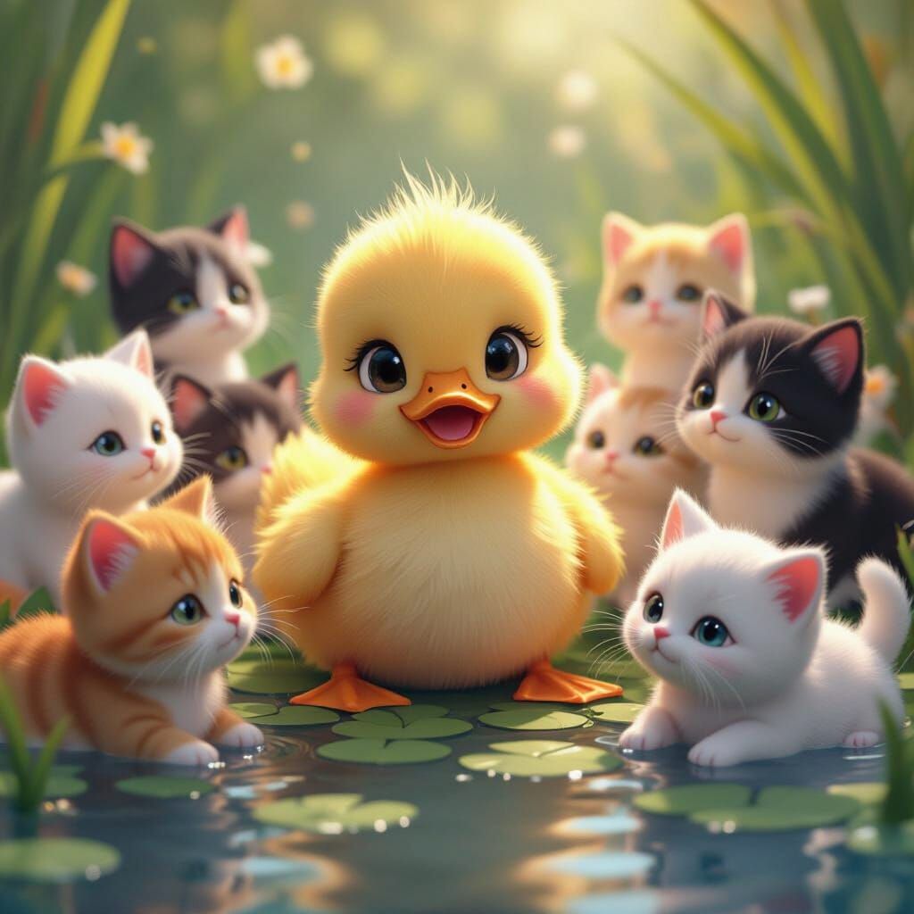 Fluffy Duckling Befriended by Many Kittens in 3D Anime Style