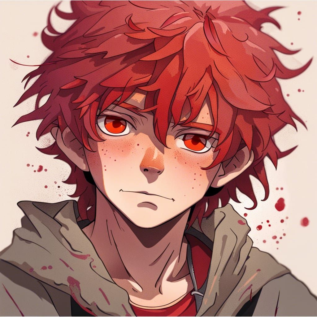 Red-Haired Boy with Piercing Red Eyes Portrait