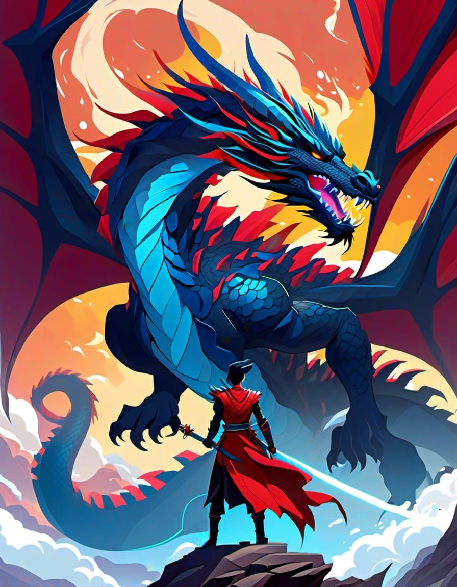 Man Confronts Dragon in Vibrant Fantasy Art