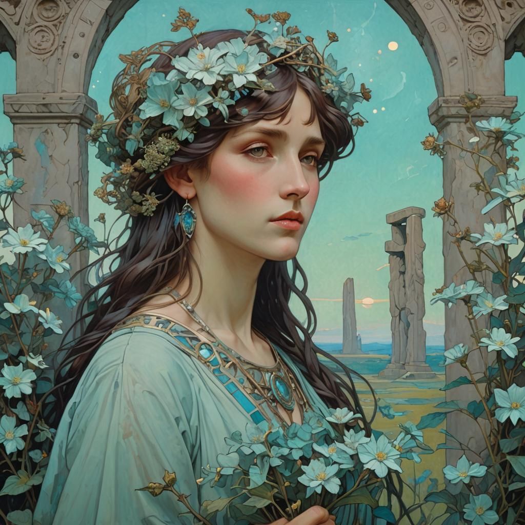 Stonehenge Oil Painting with Aquamarine Azaleas