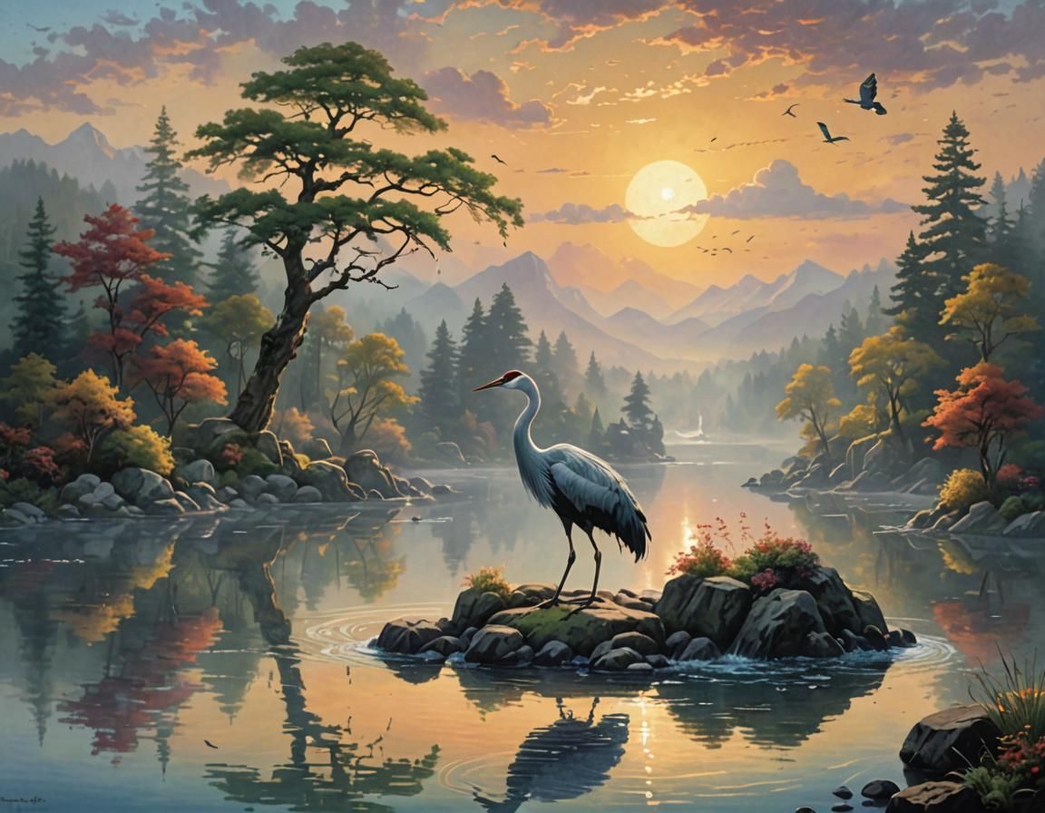 Crane Swallowing Fish at Sunrise: Ethereal Fantasy