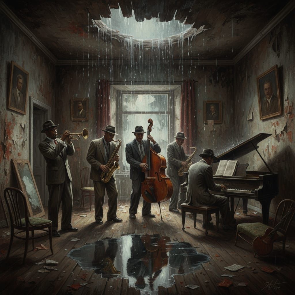1940s Jazz Musicians in Moody, Rain-Soaked Hotel Oil Paintin...