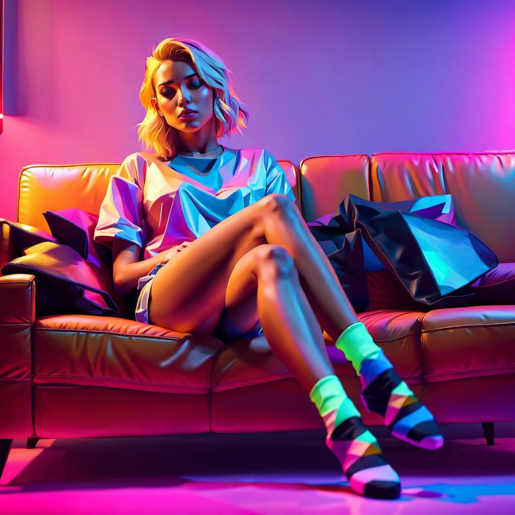 Vibrant Low-Poly Art of Blonde Girl on Couch