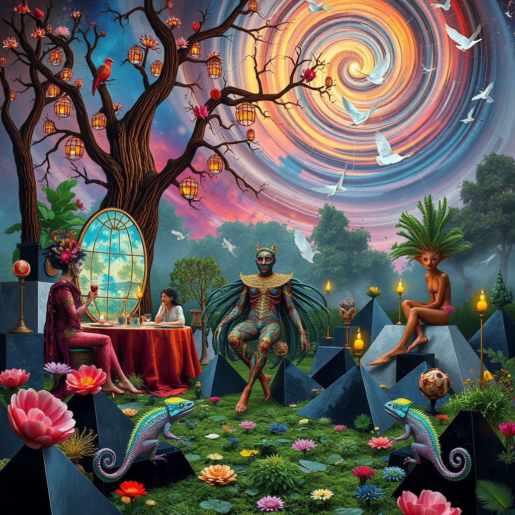 Surreal Garden Party with Dreamlike Creatures