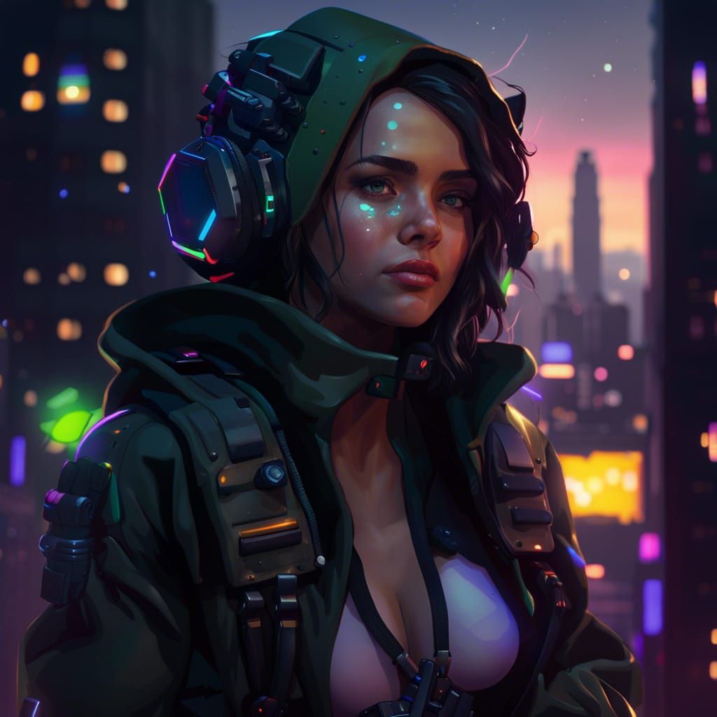 Girl in Military Suit on Neon City Skyscraper