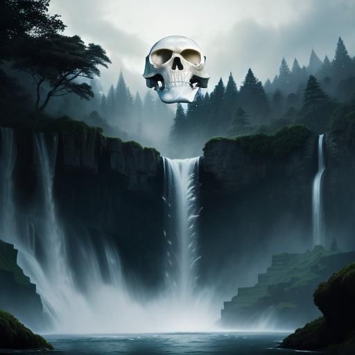 The waterfall cascades from a single massive pearl white sku...