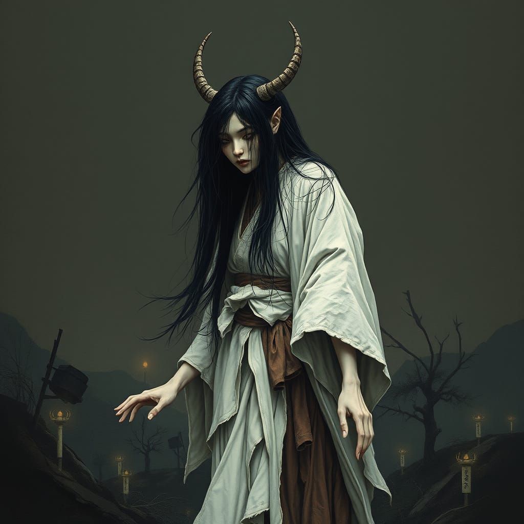 Eerie Onryō in a Dark Japanese Landscape