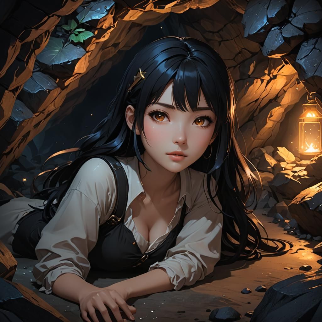 Anime Girl in Cave at Night