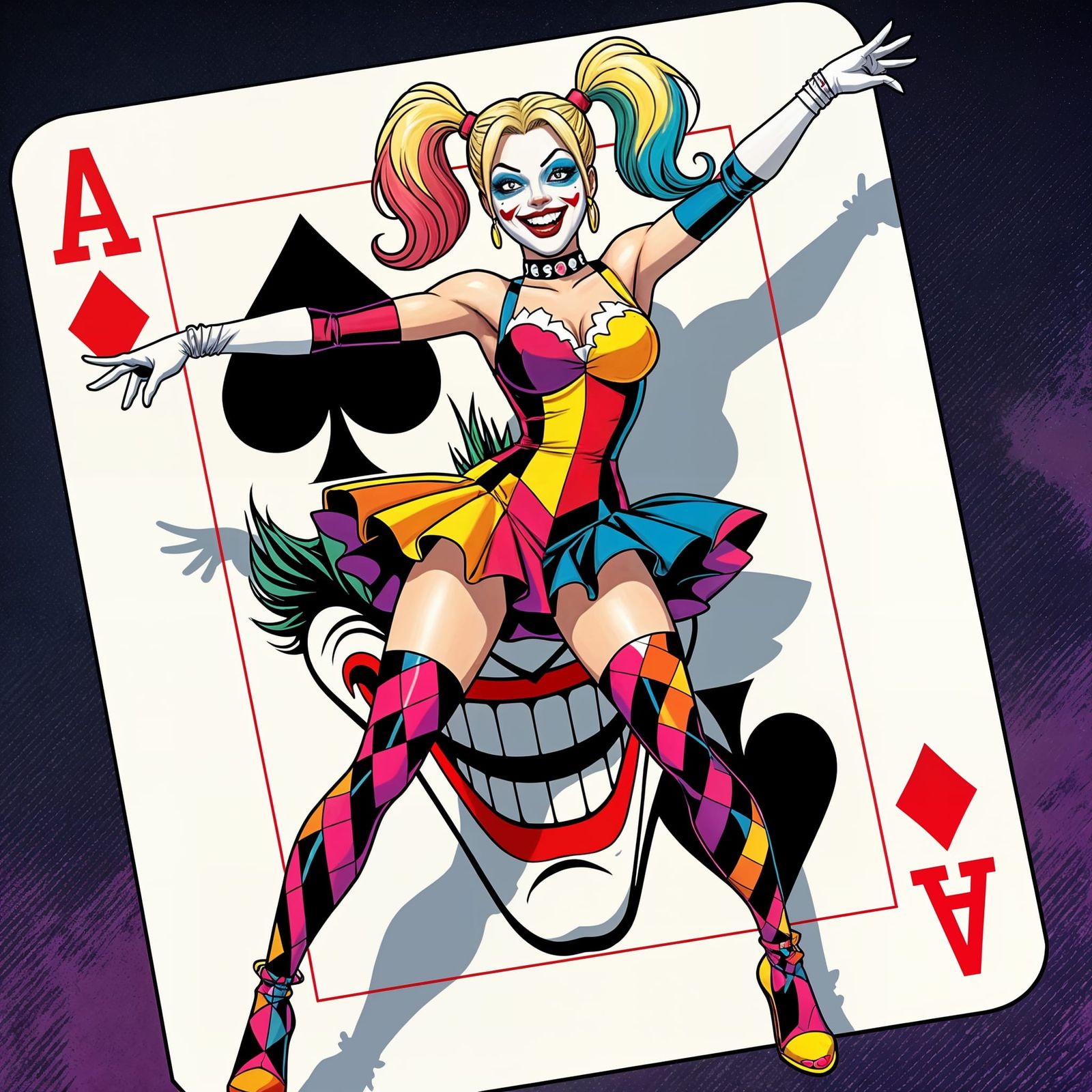 Harley Quinn Dancing on Joker Card in Comic Style