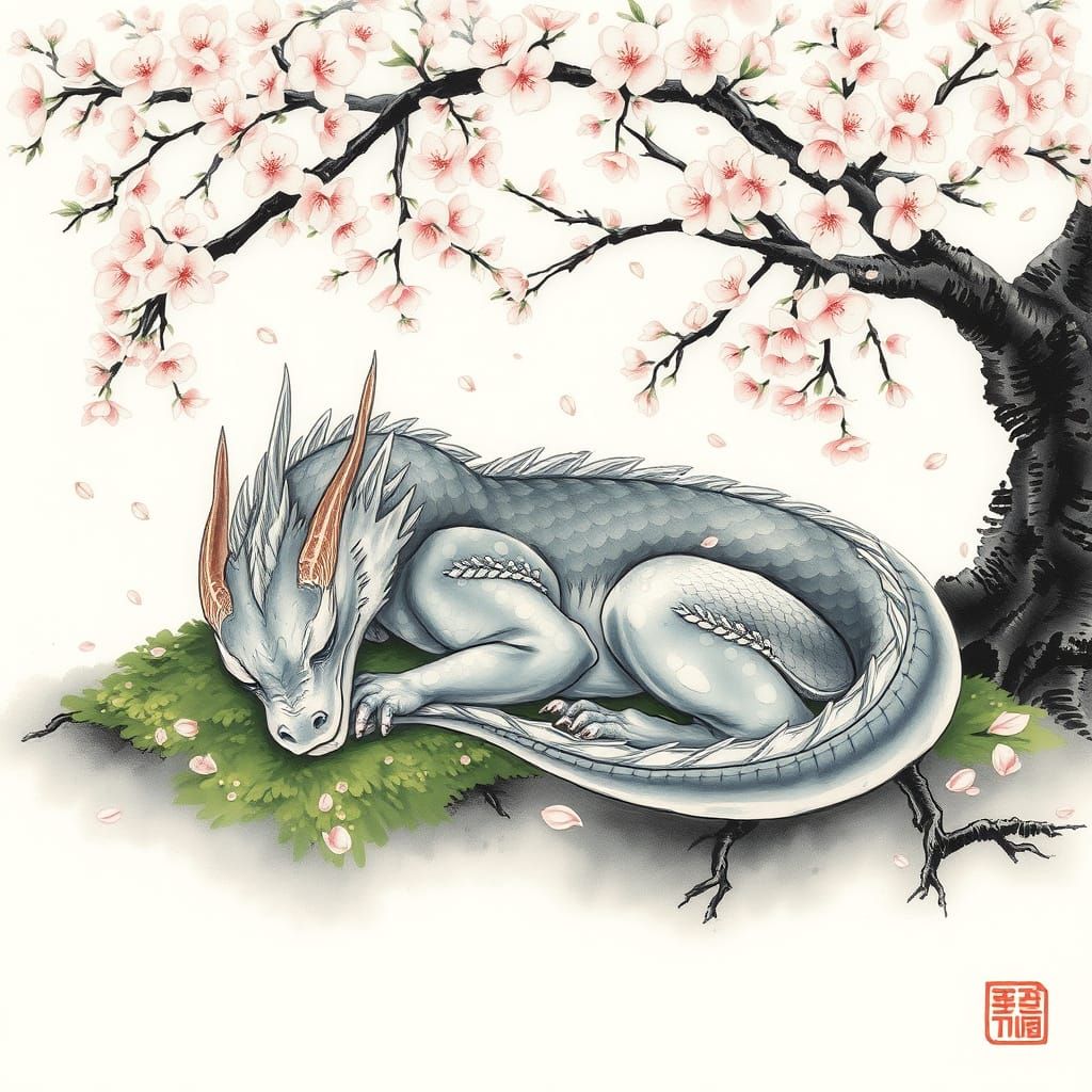 Sleeping Dragon Under Cherry Tree, Ink Wash Style