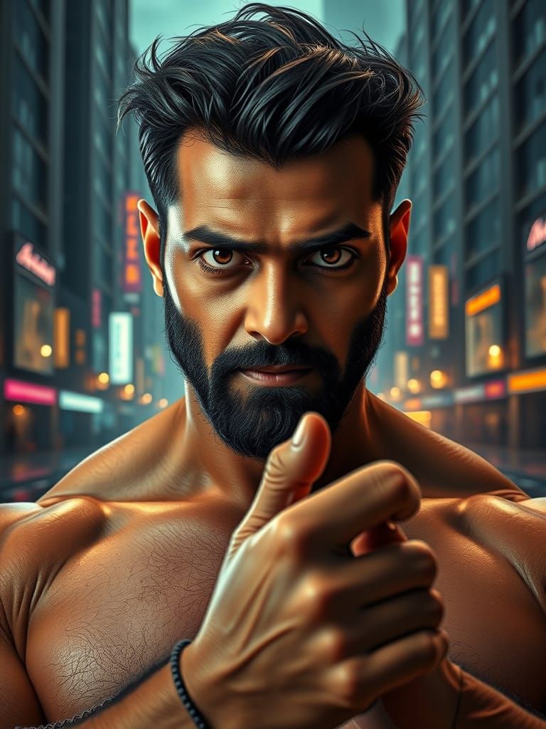 Confident Cyberpunk Warrior Stands Tall Amidst Futuristic Ru...