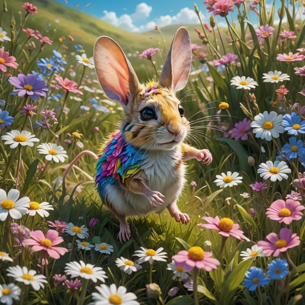 Rainbow Jerboa Dancing in Floral Meadow