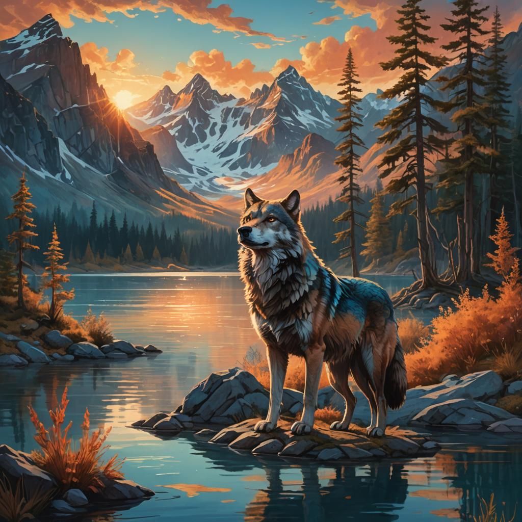 Wolf at Sunset by Serene Lake