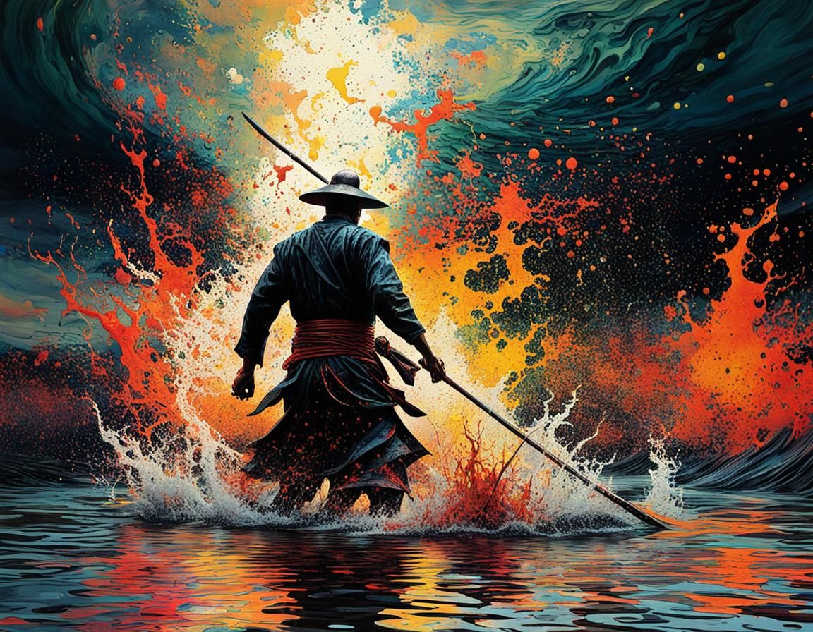 Macabre Samurai in Water: A Fauvist Pop Art Fusion