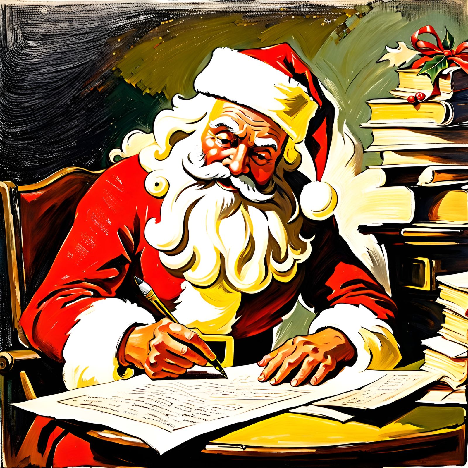 Santa Reading Letters in Vintage Oil Paint