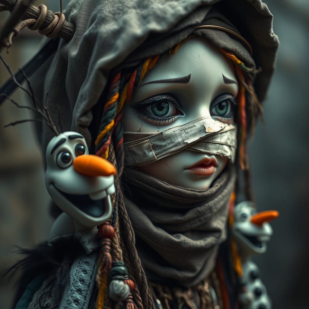 Surreal Shamanpunk Doll Fairy with Dark Hooded Wraith and Ol...