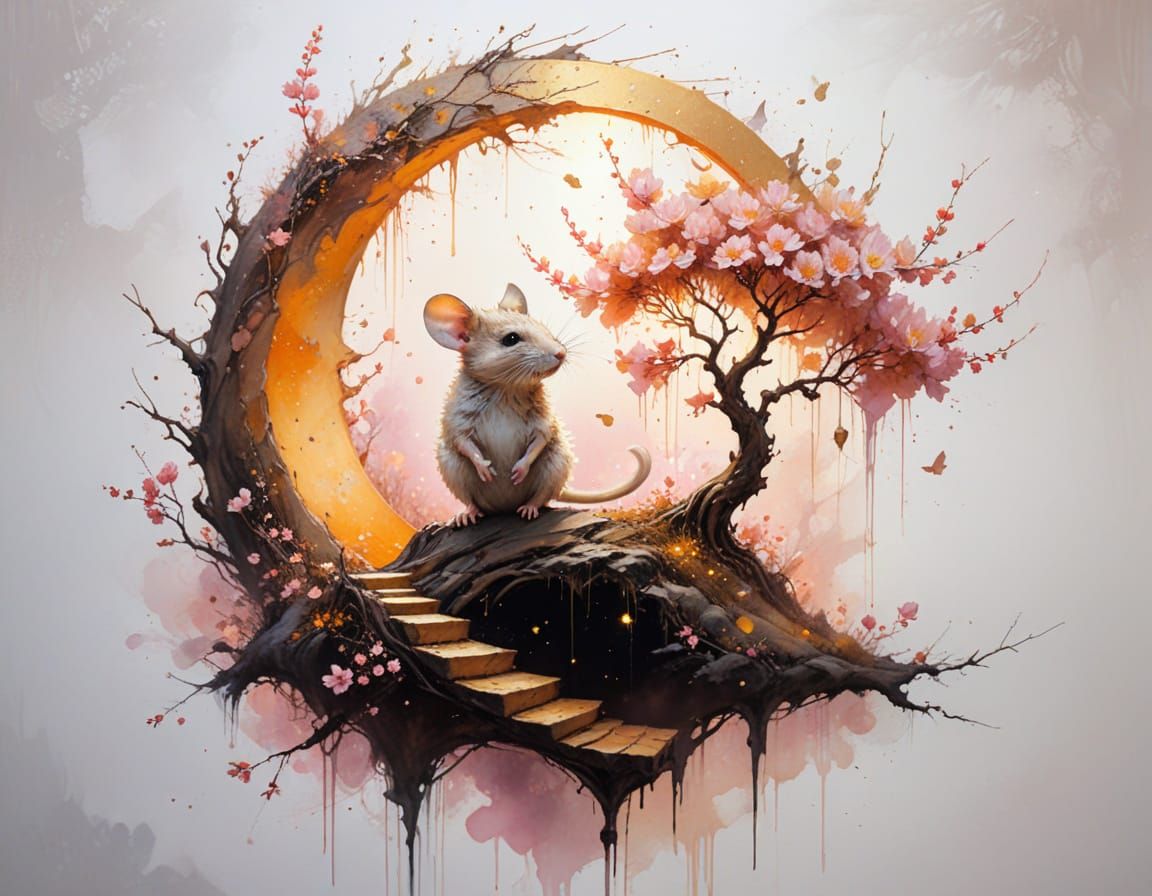 Surreal Moonscape with Glowing Tree and Mouse