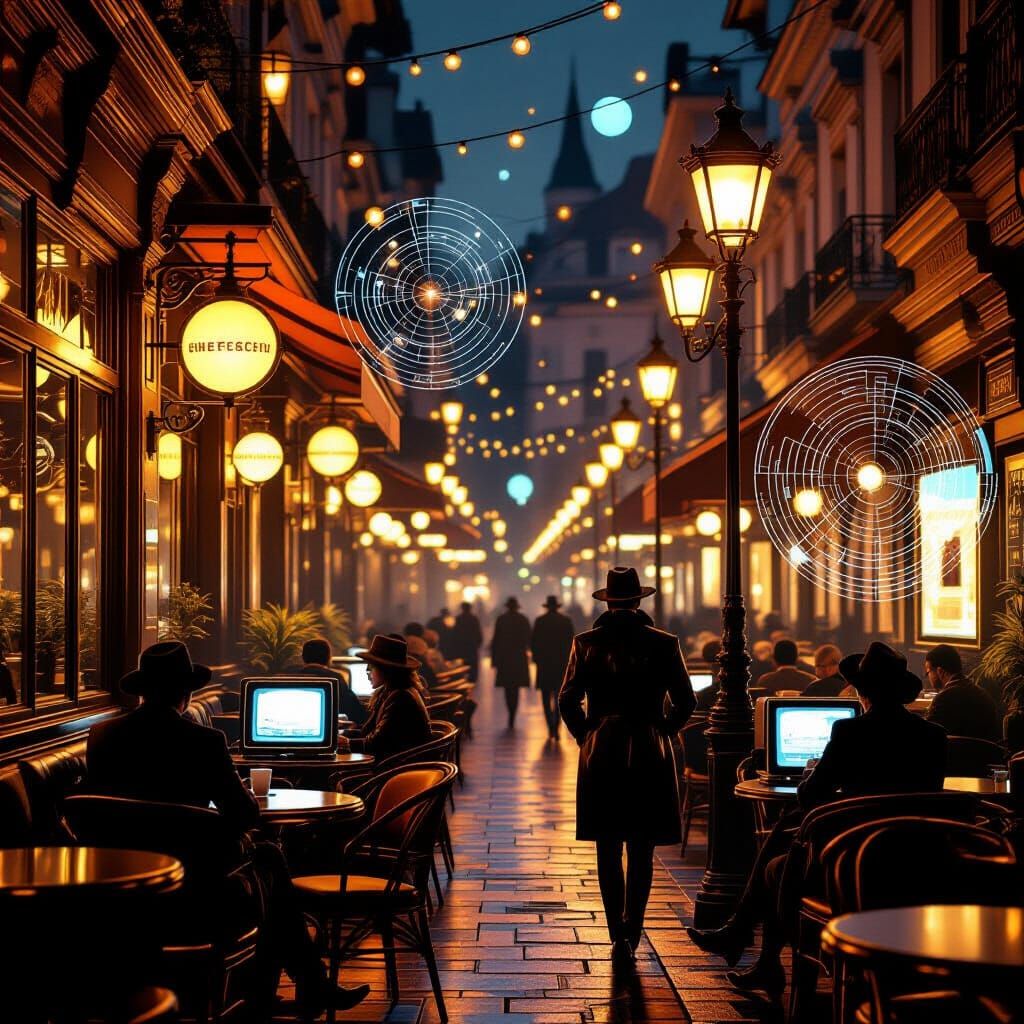 1950s European Cafe at Night in Photorealistic Style