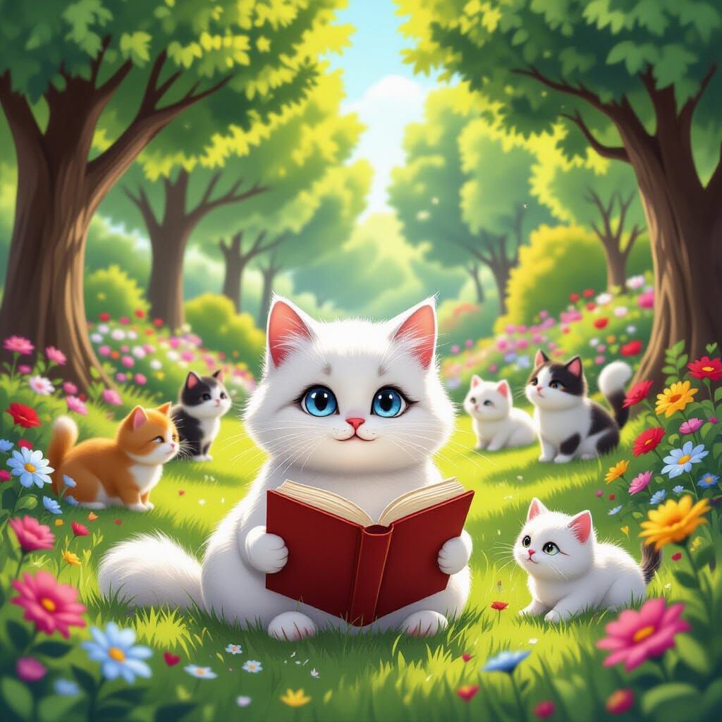 Blue-Eyed Cat Reads in Garden Scene