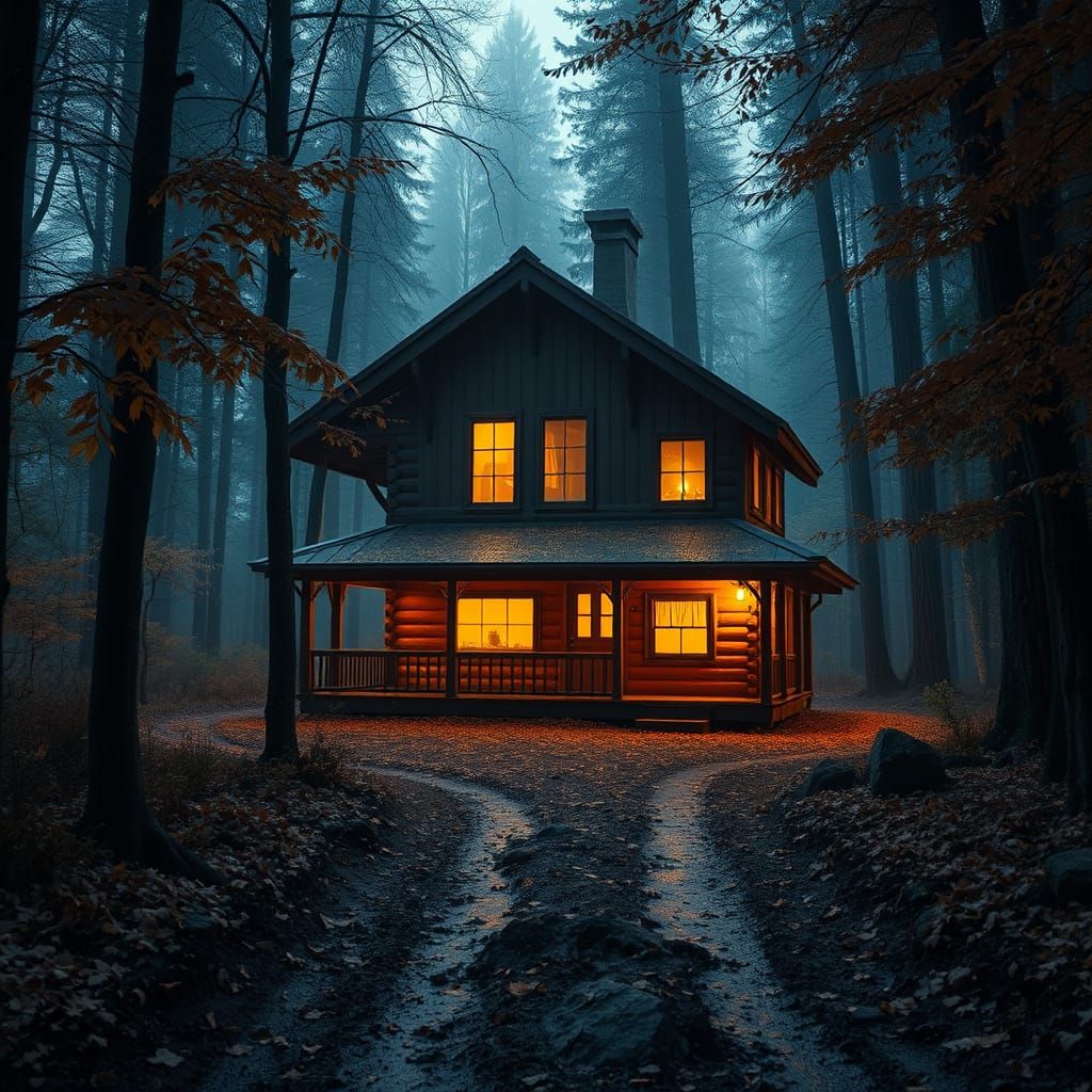 Autumnal Enchanted Forest Cabin in Whimsical Realism
