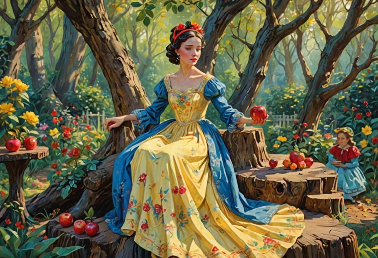 Snow White in Gouache, Enchanting Garden Scene