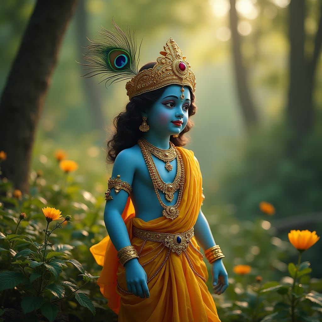 Surreal God Krishna Portrait in Vibrant Yellow and Blue Atti...