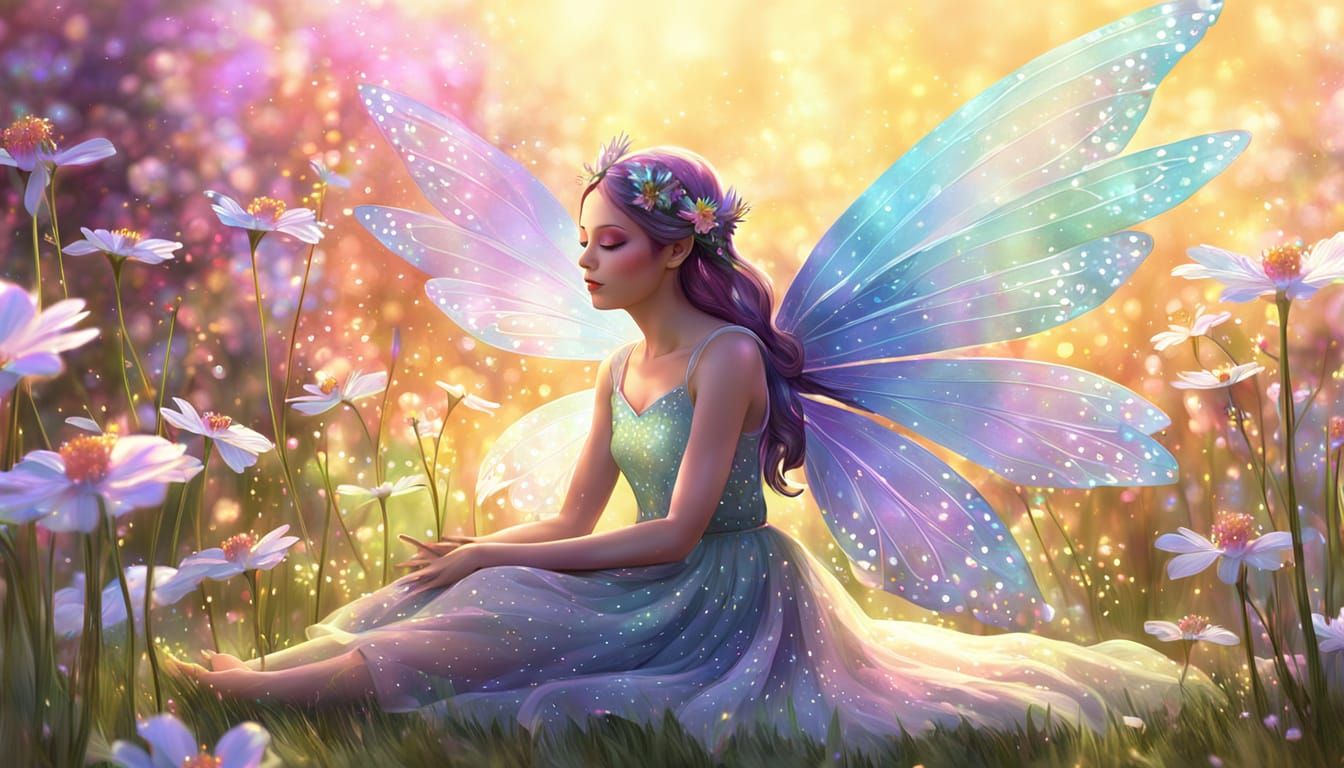 Fantasy Fairy Sitting Among Flowers in Digital Painting