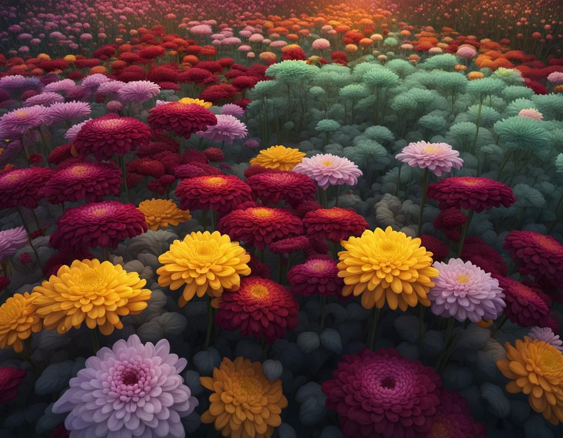 Colorful Chrysanthemums in a Detailed Fantasy Garden