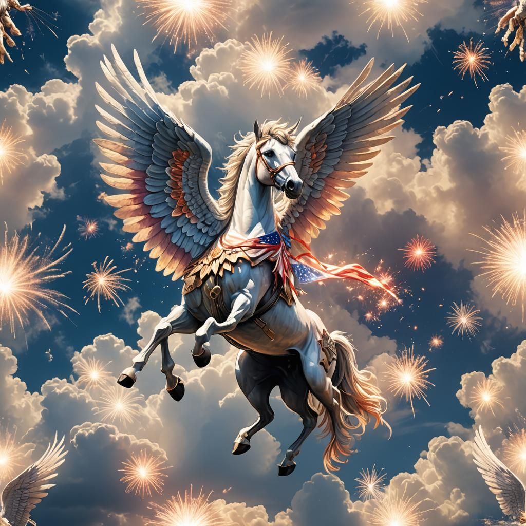 Patriotic Pegasus Made of Fireworks in Sunlight
