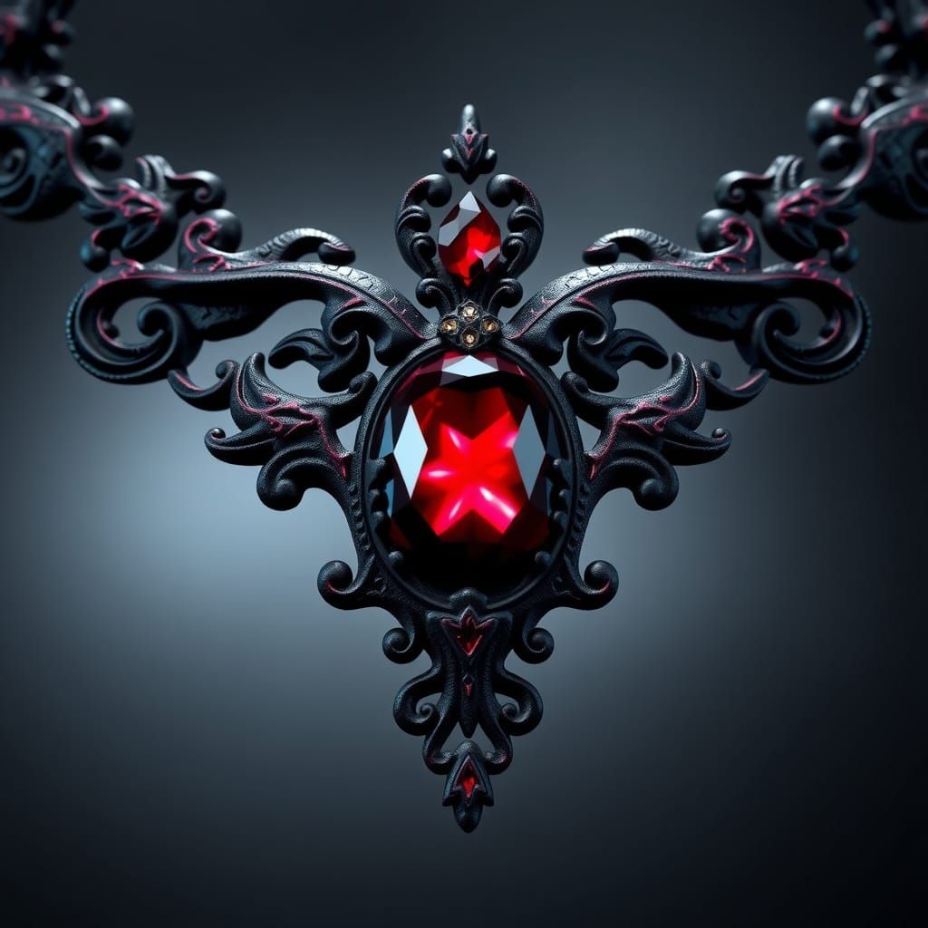 Mysterious Black Necklace with Red Gemstone in Fantasy Style