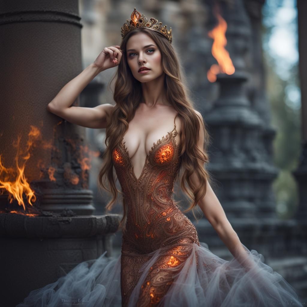 Fire Princess in Flames with Intricate Dress