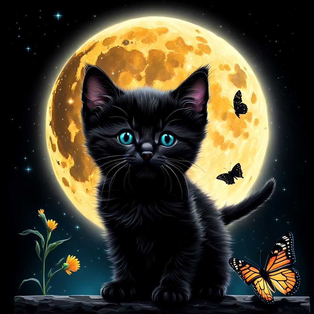 Black Kitten with Butterfly: Neon Moon Digital Art