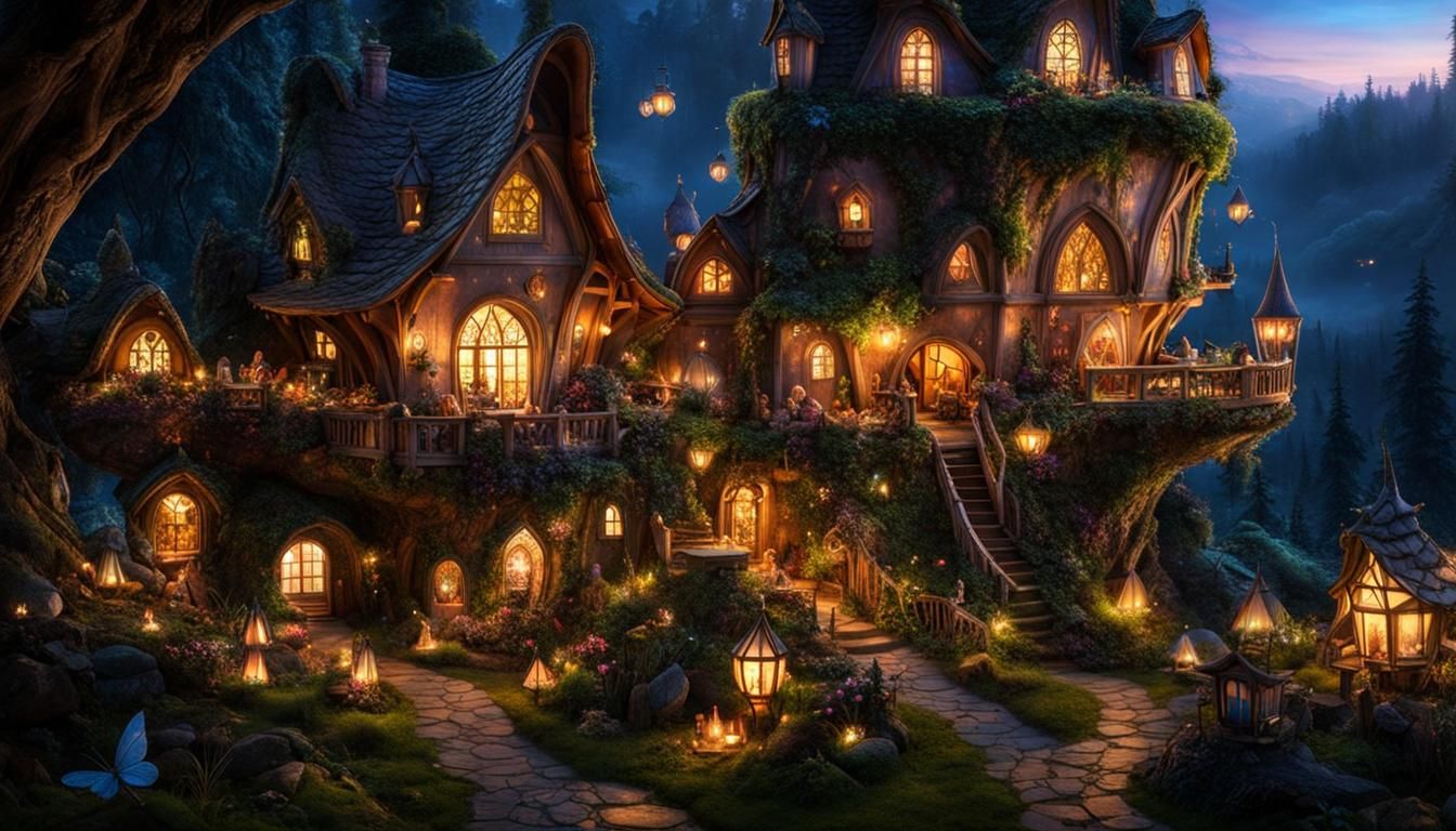 Magical Fairy Village at Dusk: Hyperdetailed Photo