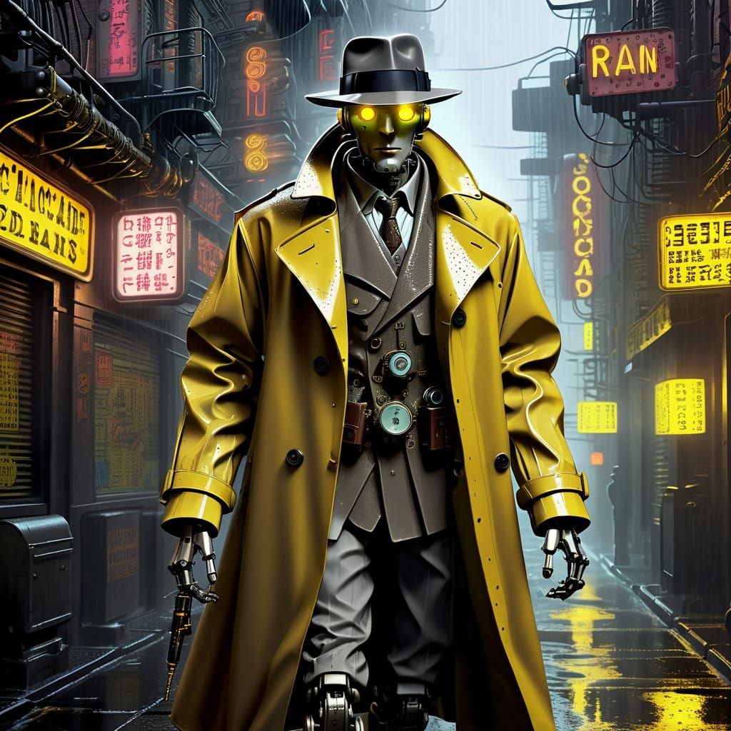 Cybernetic Detective in Gritty Post-Apocalyptic Alley
