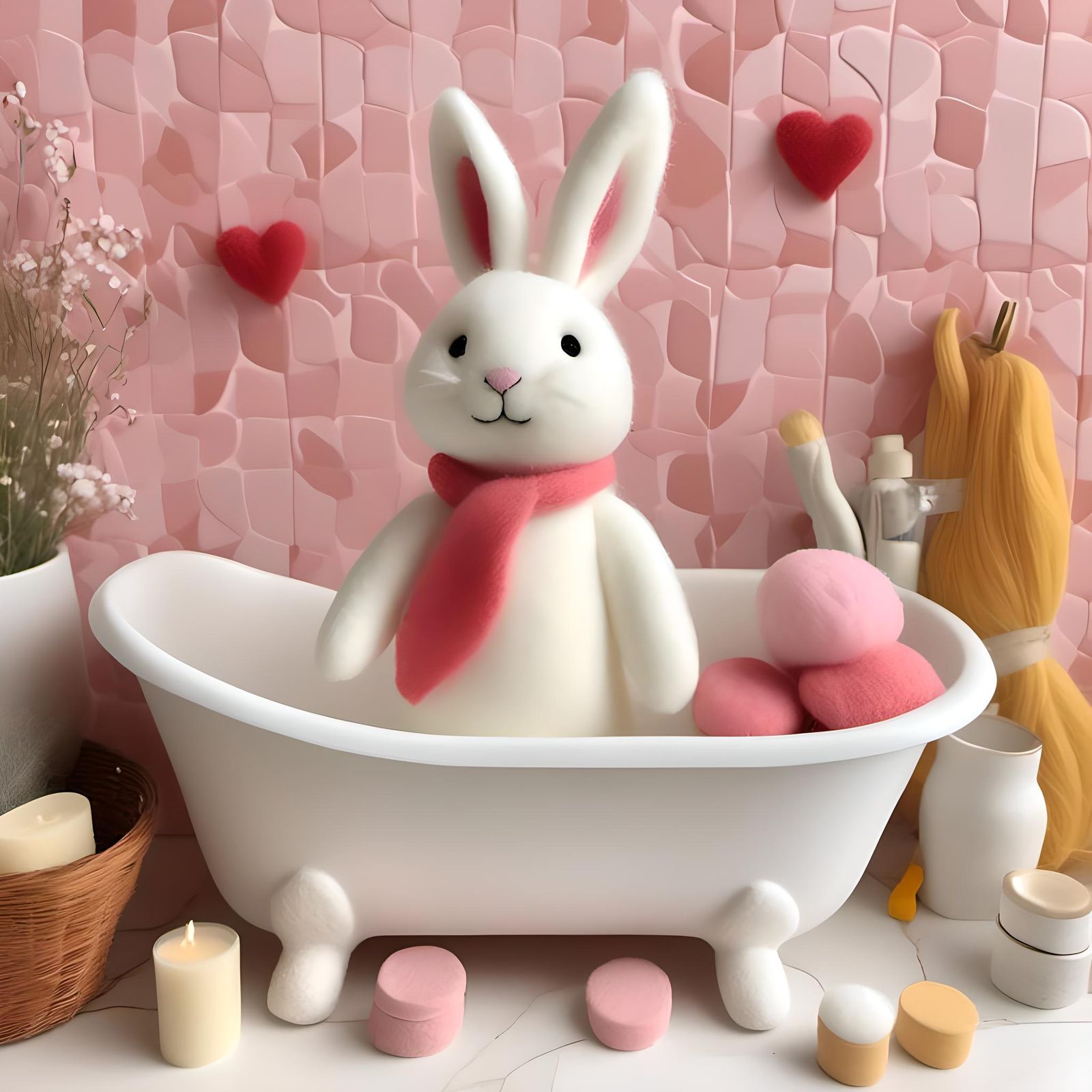 Cute Felt Rabbit Ready for Bath Time