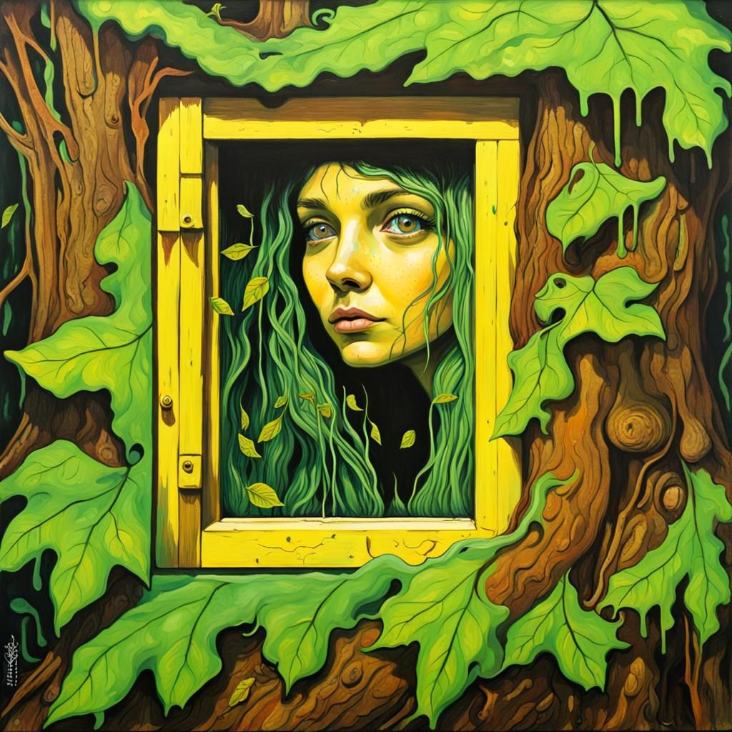 Pixie in Forest Window: Surrealist Oil Painting