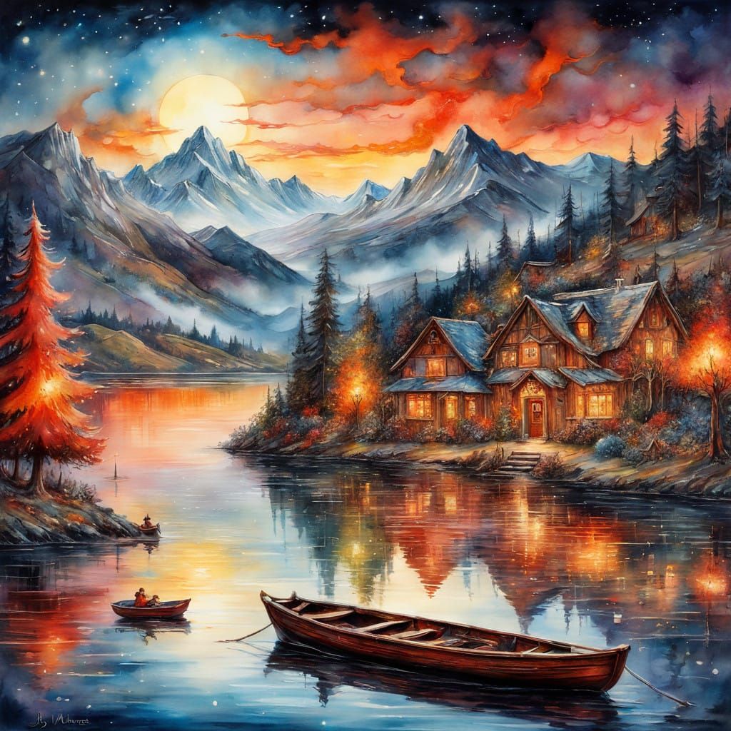 Surreal Christmas Night Scene on a Shimmering Lake