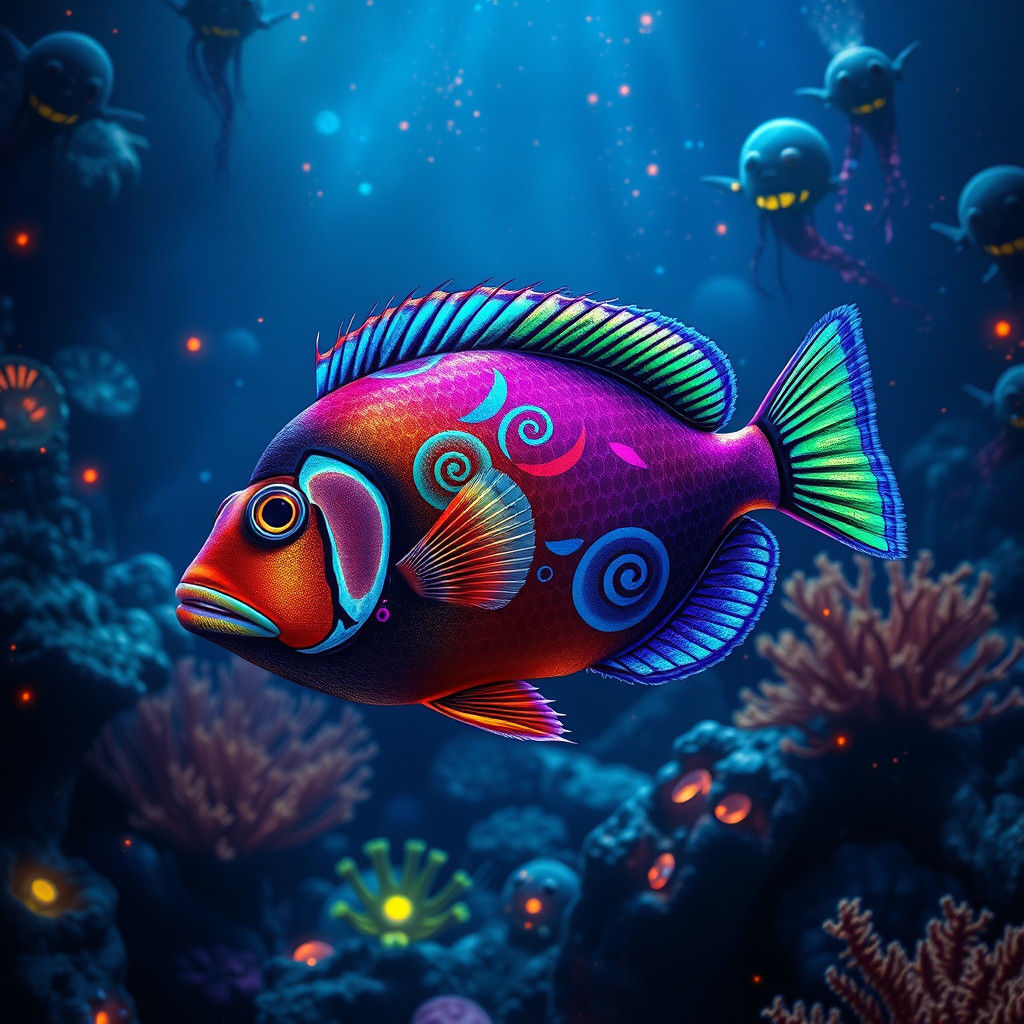 Rainbow Fish in Bioluminescent Coral Reef
