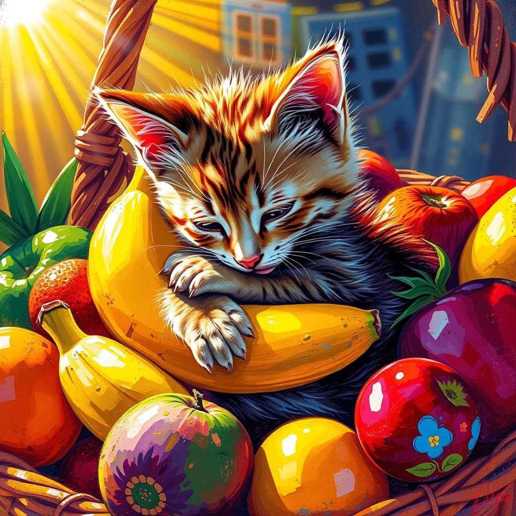 Vibrant Ginger Kitten in Fruit Basket Glows with Street Art ...