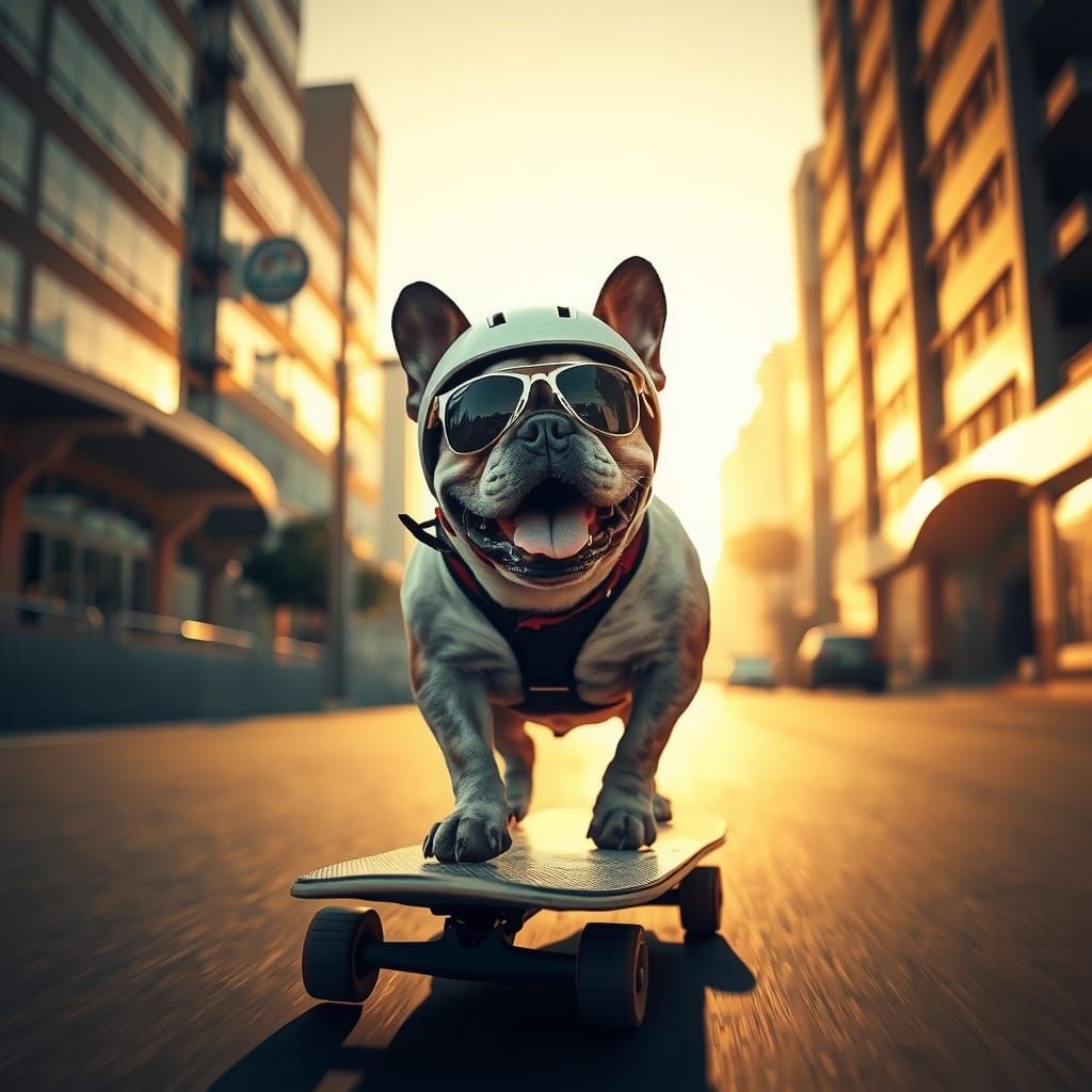Bulldog Skateboarder in a Cinematic Cityscape